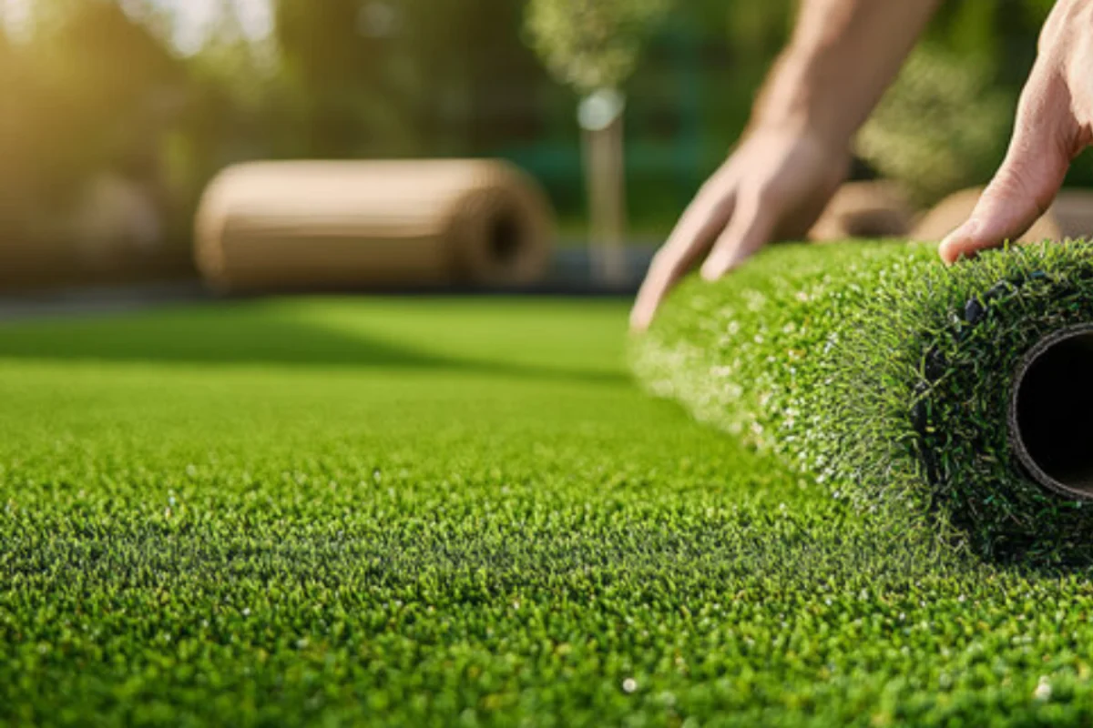 Sentetik çim halı genel görünümü, doğal çim gibi gerçekçi dokuya sahiptir.